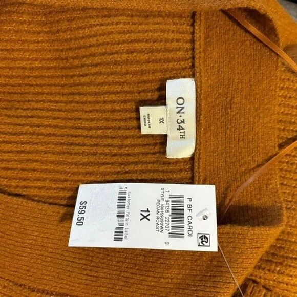 On 34th Plus Size Long Patch Chunky Knit Pocket Pecan Brown Cardigan NWT - Picture 4 of 6